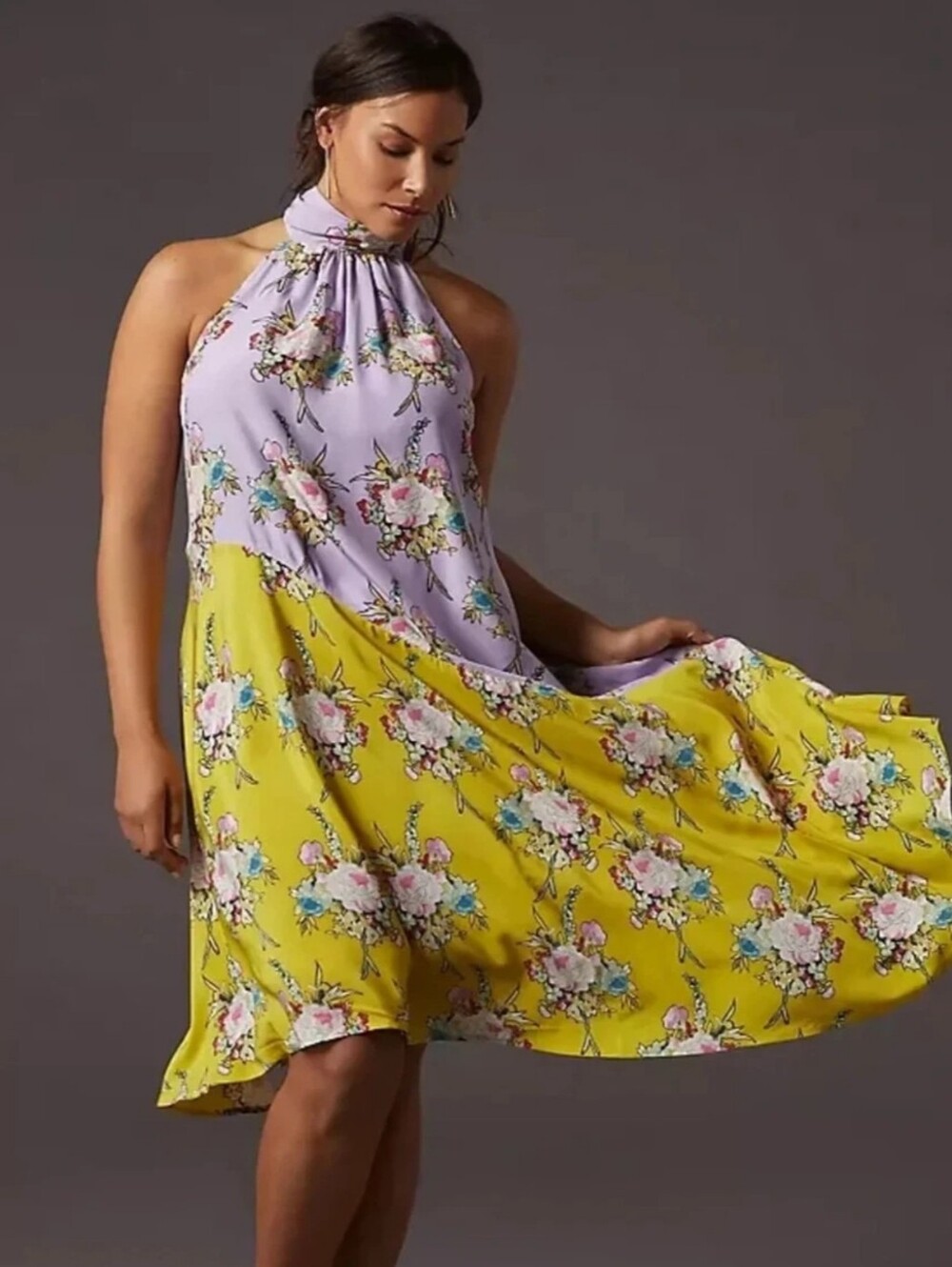 Anthropologie 100% Silk Halter Midi Dress Floral Colorblock Asymmetrical Hem